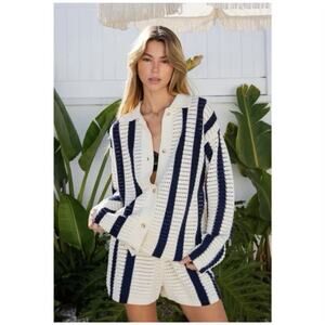 Whiteroom + Cactus Cotton Navy and Ecru Open Knit Resort Short Set Size Medium